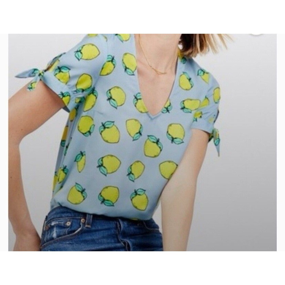 Modcloth Lemons Print With Tie Sleeves Blouse Size XS Womens